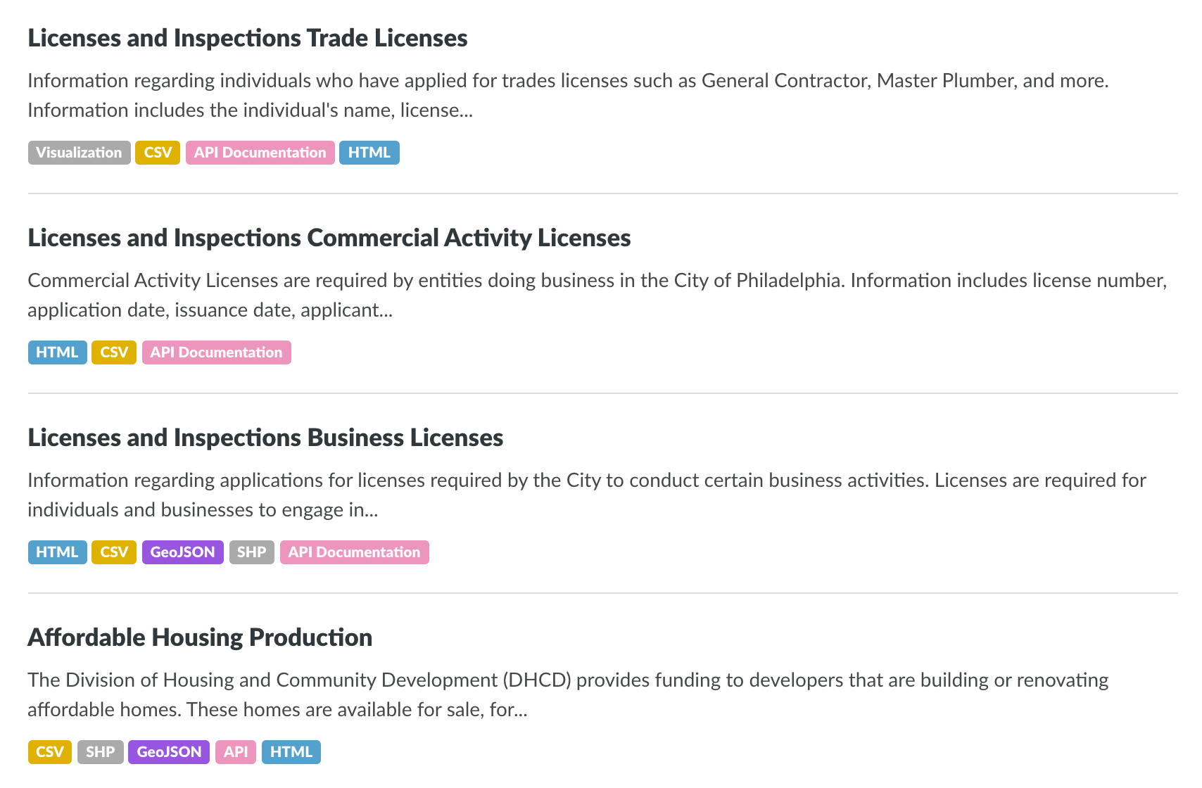 A screenshot of OpenDataPhilly.org that lists a few datasets, each containing several colorful tags